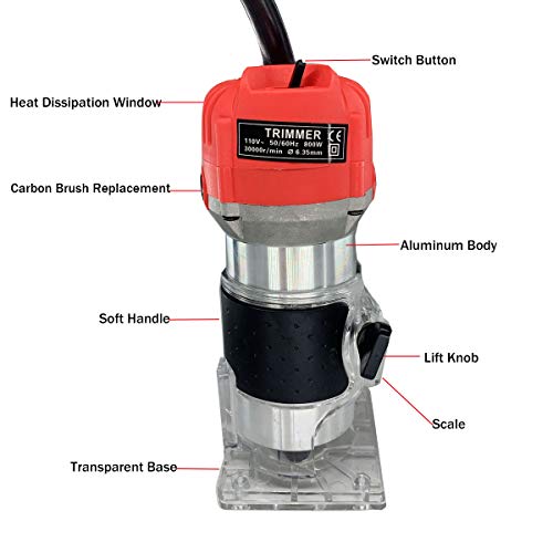 Cozyel 110V 800W Palm Router Electric Hand Trimmer Wood Router 1/4" Collets Woodworking Tool Laminate Trimmer