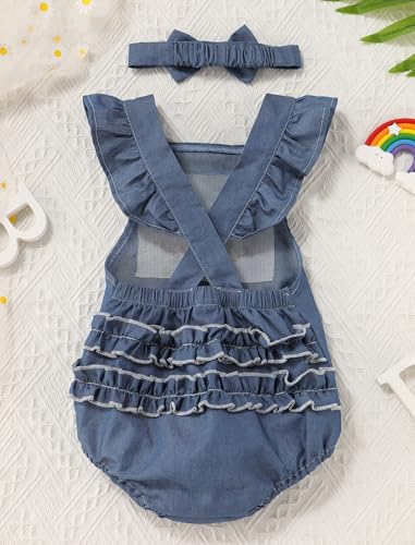 ODASDO Baby Girl Denim Romper 1st Birthday Cake Smash Outfit Ruffled Bodysuit Summer Jeans Jumpsuit with Headband3