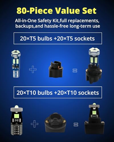 Image of WLJH Ice Blue T5 T10 LED Dashboard Bulb Kit with Sockets, Dimmable, 40-Pack | 4014 SMD, 300lm, Polarity-Free, Plug and Play, for Dash Gauge Cluster Lights, HVAC, 360 Lighting, Fits 74 2721 194 168