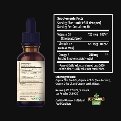 NUSAVA Unflavored D3 K2 Liquid Drops and Vanilla Flavored D3 K2 Liquid Drops Bundle - Potent Liquid Vitamins for Heart, Joint, Bone, Muscle, Immune Support - Non-GMO, Gluten-Free, 2pk Each