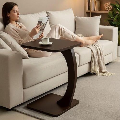 Image of Modern C-Shaped Side Table for Sofa & Bed - Multi-Purpose Laptop Table, Snack Holder, Book & Plant Stand - Compact & Sturdy Bedside Table (Dark Brown,)