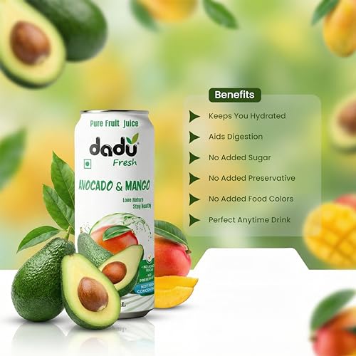 Image of Dadu Fresh Avocado & Mango Juice | Pure Natural Fruit Healthy Beverage | Not from Concentrate, No Added Sugar, No Preservatives or Artificial Flavours | Vitamin Rich & Naturally Refreshing | 4 Cans x 320ml (1280ml)