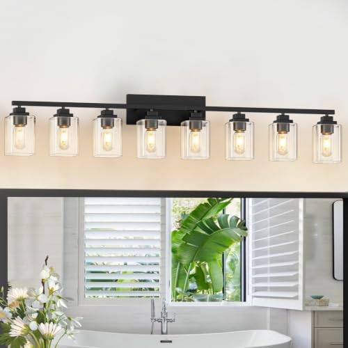 Image of Matte Black Bathroom Light Fixtures, 8-Light Vanity Lights over mirror