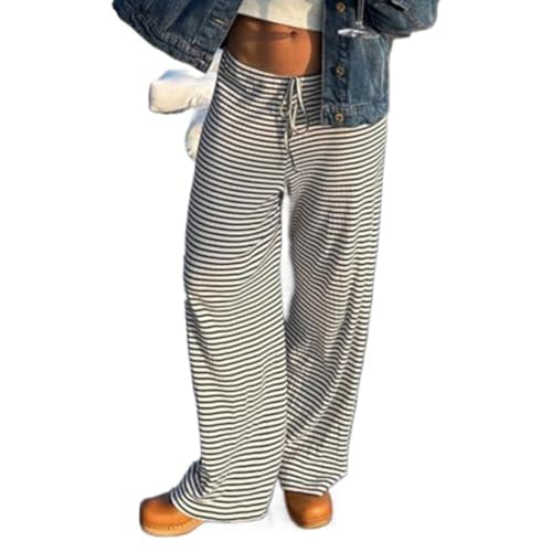 Striped Wide Leg Pants for Women - Casual Loose Fit High-Waisted Drawstring Pajama Pants - Straight Trousers