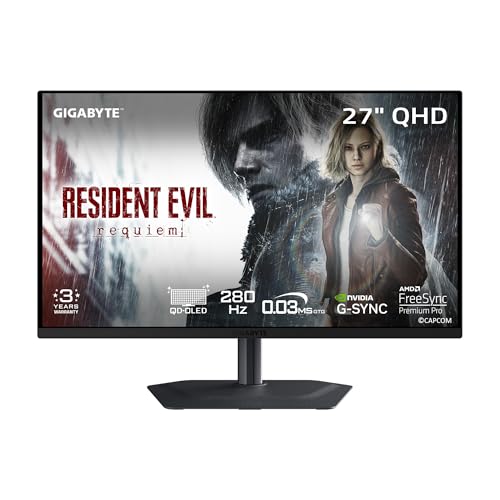 GIGABYTE - MO27Q2A - 27" QD-OLED Gaming Monitor - QHD 2560x1440-280Hz - 0.03ms GTG - AMD FreeSync Premium Pro, G-SYNC Compatible - Type-C KVM - HDMI, DP, Type-C - Height and Tilt Adjustable - Black