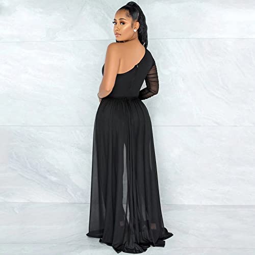 Dressy Jumpsuits For Women Sexy One Shoulder Mesh Patchwork Belted Bodycon Pants Rompers Overlay Jumpsuit Black Xl #TOP1