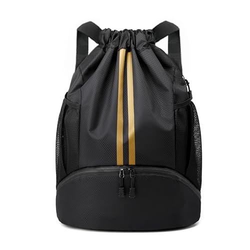 Image of JELUTAR Drawstring Backpack Gym Bag with Shoes Pocket, Black Gold | Water-Resistant String Backpack for Soccer, Basketball, Swim, Beach Cinch for Women Men, 18 L Large Capacity, Wet Pocket