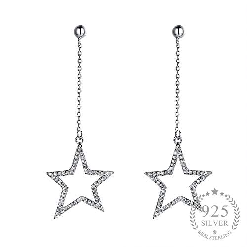Bijoux fins en argent 925 et puces d'oreilles étoiles pendantes à longue chaîne pour femme