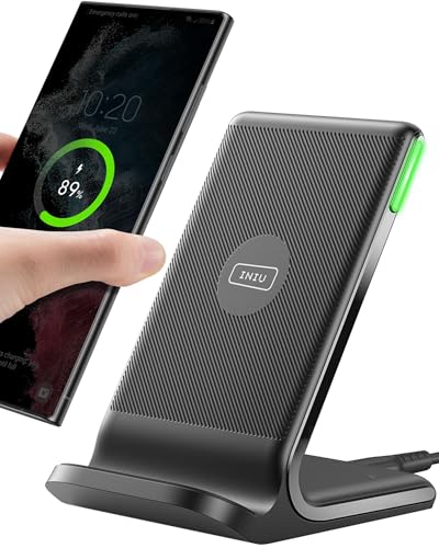 INIU Wireless Charger Stand 15W Fast Wireless Charging Station with Sleep-Friendly Adaptive Light for iPhone 17 16 15 14 13 12 Pro Max Samsung Galaxy S25 S24 S23 Note 20 Google etc.