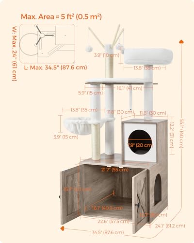 Feandrea 2-in-1 Modern Cat Tower, Cat Condo with Scratching Posts, Removable Pompom Sticks, Washable Cushions, Greige PCT113G01 - Image 7