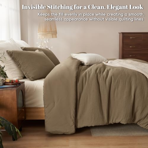 Image of PHF Cotton Muslin Comforter Set Twin, Ultra Soft Breathable, Mocha