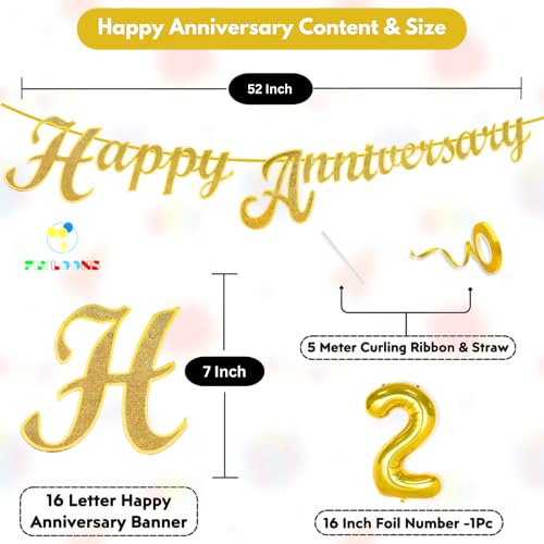 Image of Flyloons 2nd Happy Anniversary Banner Gold Decorations Kit for Men Women Wedding Anniversary Banner Items without Balloons
