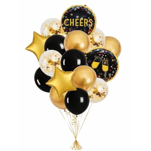 Image of Wanna Party Cheers Party Balloon Decoration Set Pack of 16 | Black & Gold Foil Balloons with 12 Inch Latex Balloons for Birthday, Anniversary, New Year Decor