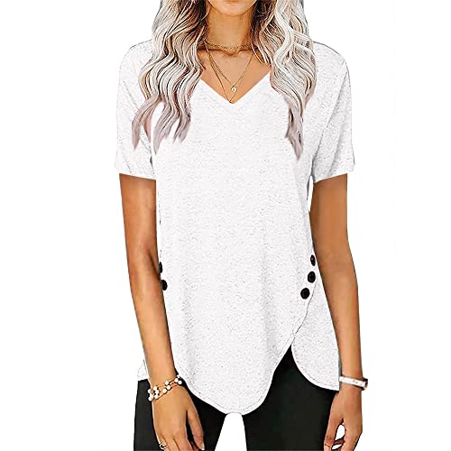 Women's Casual Short Sleeve T Shirts Fashion Solid Color V Neck Tunics Tops Loose Fit Button Dressy Shirt Blouse (White,X-Large)
