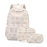 Tanweibago Backpack for Girls Boy Teen Corduroy Bookbags Elementary Middle High School Women Laptop Bag with Lunch Box Pencil Bag (Smile Beige)