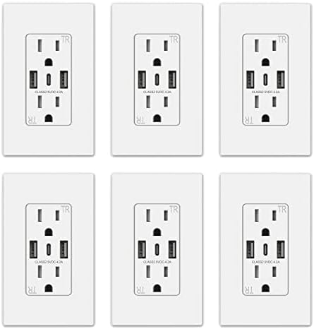ELEGRP USB Wall Outlets, 3-Ports USB C Wall Outlets Receptacles, Matte White 15 Amp Outlets with USB Ports, Tamper-Resistant USB Outlets, Screwless Wall Plate Included, UL & CUL Listed, 6 Pack