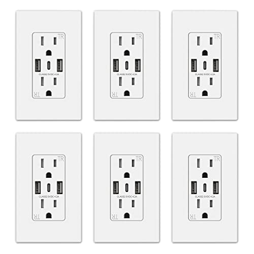 Elegrp Usb Wall Outlets, 3-Ports Usb C Wall Outlets Receptacles, Matte White 15 Amp Outlets With Usb Ports, Tamper-Resistant Usb Outlets, Screwless Wall Plate Included, Ul & Cul Listed, 6 Pack #TOP2