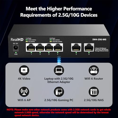 Image of 10Gb RJ-45 Ethernet Network Switch Web Managed, 2 x 10Gb RJ45 Ports, 4 x 2.5Gb Base-T Ports | Multi Gigabit Switch 1G / 2.5G | 60G Bandwidth | Fanless Metal Internet Switch for Wireless AP, NAS, PC