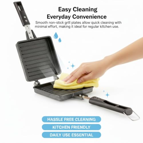 Image of Double Sided Sandwich Grill Pan | Non-Stick Toast Maker Aluminium Stovetop Toaster Gas Stove Flip for Bread Snacks Heat Resistant Handle Black (Jumbo Grill Toaster)