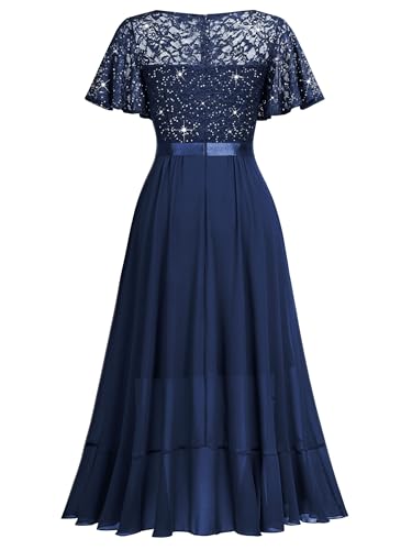 Miusol Women's Classy V-Neck Butterfly Sleeve Sequined Floral Lace Ruffle Split Bridesmaid Party Dress (Medium, Navy Blue)4