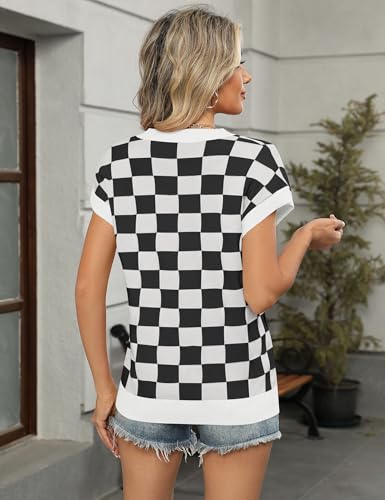 Image of LOMON Womens Summer Cap Sleeve Sweater Vest Casual V Neck Knit Short Sleeve Plaid Pullover Sweaters Loose Fit Work Tops