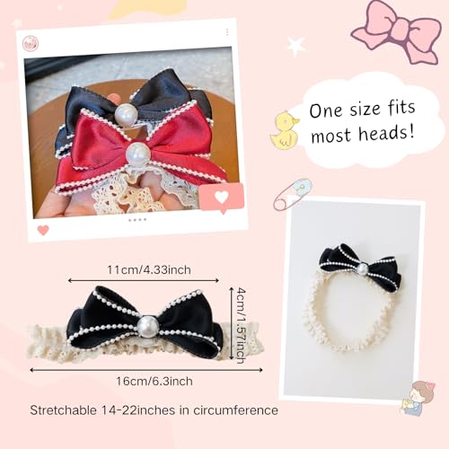 Bow Lace Headbands for Baby Girls Soft Tulle Ribbon Pearl Head Wrap Elastic Bow-knot Hair Band Shower Birthday Hair Accessory for Newborn Infant Toddler (Black B, Elastic)3