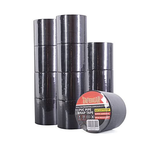 Tapebear Corrosion Protection Pipe Tape, Wrap Pipe Tape For Drain Pipe, Metal Electrical Outdoor Underground Pipe, Waterproof Pvc Black Tape, Duct Anti-Corrosion And Protection, 4Inch X 33Yard,12Rolls #TOP4