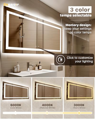 Ensenior LED Bathroom Mirror 72"x36" with Front and Backlight, Stepless Dimmable Wall Mirrors with Anti-Fog, Shatter-Proof, Memory, 3 Colors, Modern LED Vanity Mirror-ETL & FCC