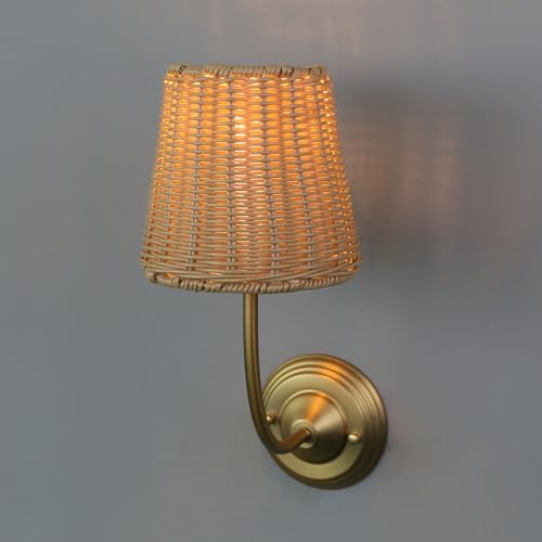 Image of Yosoan Rattan Boho Wrapped Wall Sconce Light, Indoor Hardwired Gold Hand-Woven Farmhouse Vintage Wall Lamp, Brass Handmade Shade Wall Mount Fixture for Reading Bedside Bedroom Nursery Rustic(Antique)