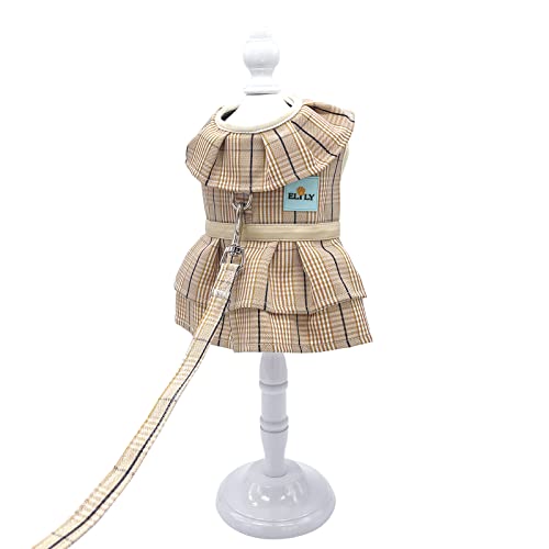 Elily Dog Dress Harness With Leash Set. Elegant Plaid Clothes For Small Dog Cat Puppy. Soft Breathable Mesh (M, Beige-Dress) #TOP5