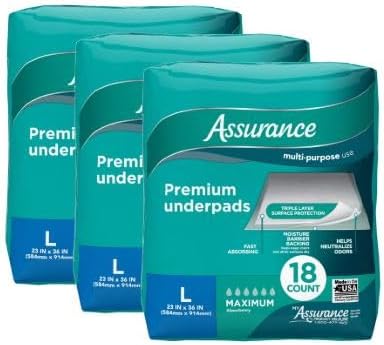 Assurance Premium Quilted Underpads, Maximum Absorbency, Large (23" x 36"), 18 Count - Disposable Protection for Bedding, Furniture & Travel ~ Pack of 3