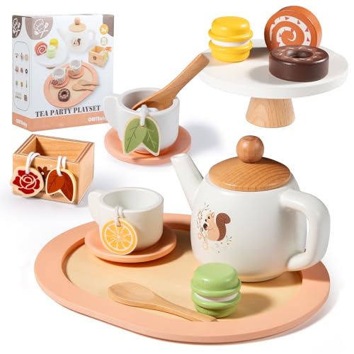 OMYBaby Wooden Tea Set for Little Girls, 19pcs Party Playset With Teapot, Cups, Dessert Stand, Macaroons, Cakes & Tray, Time Playset Pretend Play Kitchen Toys Gift for Girls & Toddlers 3Y+