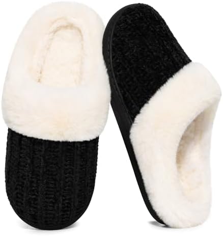 Evshine Women's Warm Chenille Knit House Slippers Comfy Memory Foam Winter Slippers with Faux Fur Collar and Indoor Outdoor Soles Black, 40-41 (Size 8-9)