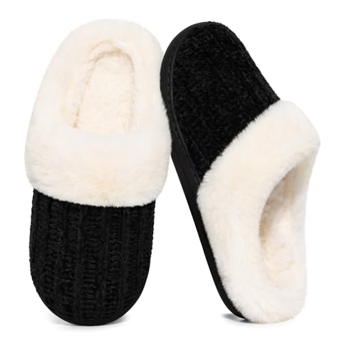 Image of Evshine Warm Knit House Slippers for Women Comfy Wool-Like Lined Chenille Slippers with Memory Foam and Indoor Outdoor Soles Black,Size 3-4.5