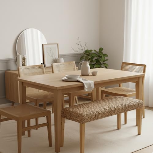 Image of Solid Wood Acacia Indoor Bench with Natural Woven Seat, 47 Inch Wood Bench for Living Room or Entryway Bench, Bedroom End of Bed Bench or Dining Benches, Window Bench (Fishbone, Water Hyacinth)