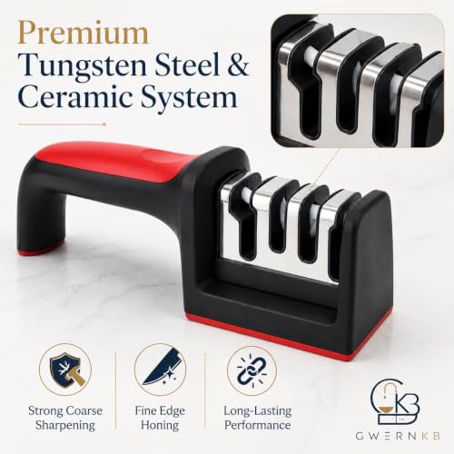 Image of GwernKB 4-in-1 Manual Knife Sharpener Tool for Kitchen, Kitchen Knife Sharpener for Home with Tungsten Steel & Ceramic Slots, Scissor Slot, Non-Slip Base & Ergonomic Handle
