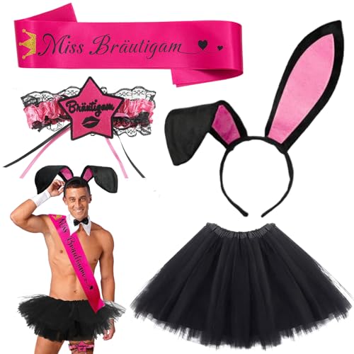 iewrtcin Conjunto de 4 fantasia JGA para homem, despedida de solteiro, acessórios para festas, decoração de casamento, tutu para homens, diadema com orelhas de coelho, liga de noivo, faixa de Miss