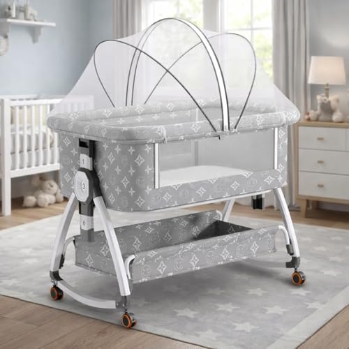 Image of Premium 6-in-1 Baby Bedside Cot, Crib, Cradle Portable All-Mesh Bassinet with Multi-Purpose Tray,Wheels, Storage Basket, and 6 Height Adjustments, Easy Assembly, Newborns-Pattern Grey | Breathable Cloth