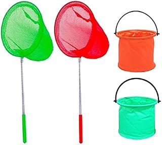 DWTECH 2 Pack Kids Telescopic Butterfly Net Fishing Net Pond Net Extendable (14.5 to 33.8 Inches)+2 Pack Folding Bucketfor Kids Catching Bugs Insect Small Fish Outdoor Beach Garden Activities