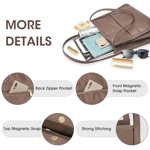 Image of Kattee Leather Tote Bag for Women, Medium Shoulder Handbag | Top grain pebbled leather with 5 pockets, fits a 12-inch tablet, and stays lightweight for everyday use.