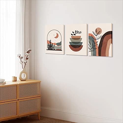 Boho Wall Art Set Of 3, Mid-Century Modern Wall Prints, Framed Neutral Abstract Geometric Prints Moon Desert Mountain Plant Minimalist Art Large Canvas Paintings Artwork 12" X 16" Ready To Hang For Bathroom Bedroom Living Room Boho Room Wall Decor #TOP4