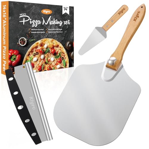 KLYRO Large Pizza Peel 16 inch, Extra Large Metal Pizza Peel with 14 Inch Stainless Steel Pizza Cutter Rocker 10 Inch Pizza Server, Pizza Paddle with Folding Handle