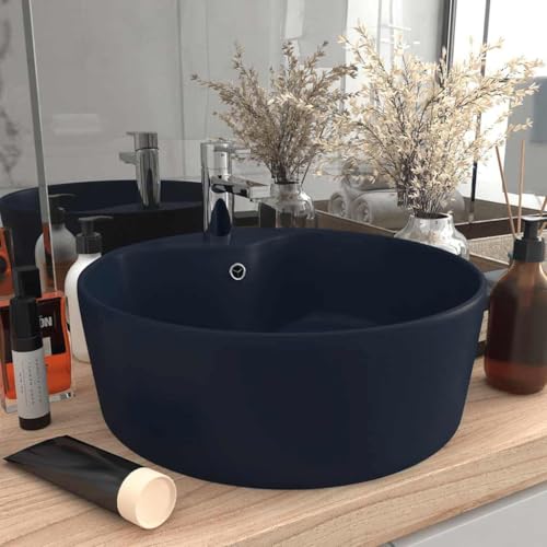 Lavabo azul oscuro mate de cerámica de 36 cm redondo con rebosadero 3