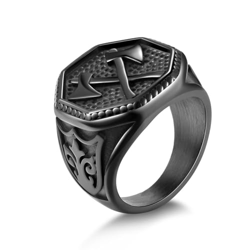 Joliernelle Schwarzer Krieger-Kreuz-Doppelaxt-Ring für Männer Edelstahl Retro nordischer Punk Biker Wikinger-Ring Schmuck Geschenk Größe 62