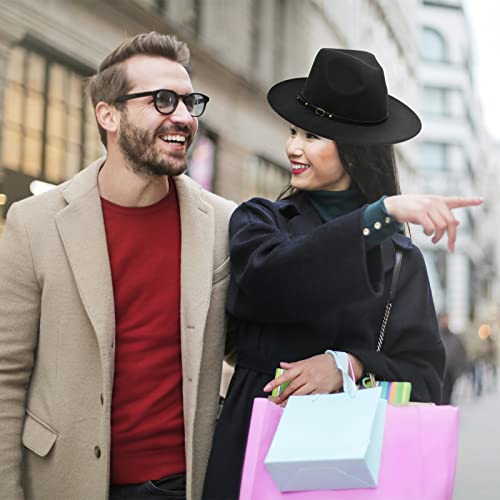 Women Classic Wide Brim Fedora Hat, 4 Pack Retro Panama Hat Wool Fedora Hat With Belt Buckle (Black+Army Green+Camel+Wine Red) #TOP7