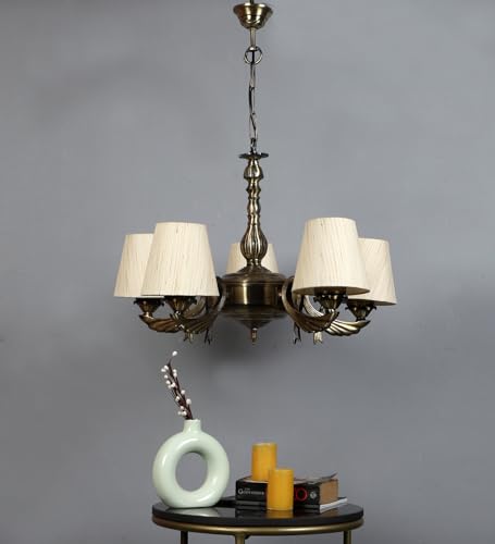 Image of Devansh 05-Light Conical Off-White Cotton Shade Chandelier - Antique Golden Finish | Adjustable Cord | Warm Glow Lamp - Ceiling Light for Living Room, Dining Area, Bedroom & Entryway Decor - D9