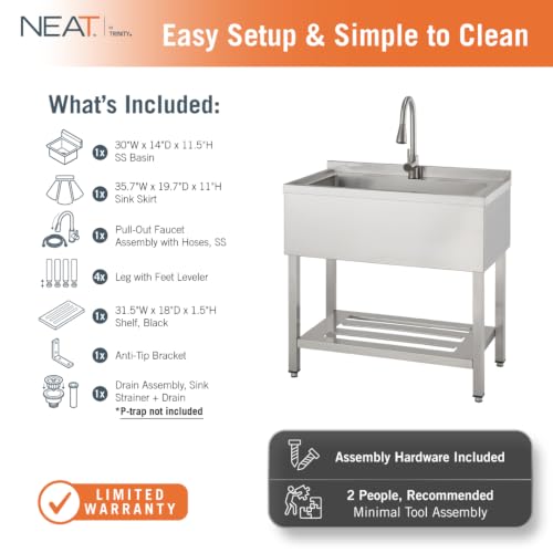 Image of EcoStorage Stainless Steel Utility Sink, Oversized Freestanding Single Bowl Utility Sink, Pull-Out Faucet, Garage, Laundry Room, Business, NSF Certified, 36 inchW x 20 inchD x 50 inchH (NHA-0322)