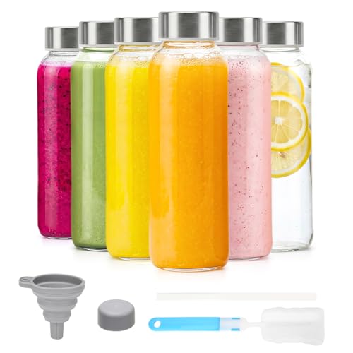 Image of Luxfuel Glass Water Bottles with Lids 16 oz, 6 Pack Reusable Juice Bottle with Stainless Steel Cap & Straw, 100% Leak Proof, BPA Free, Clear Glass Bottles for Juicing, Milk, Smoothies, Fridge Storage
