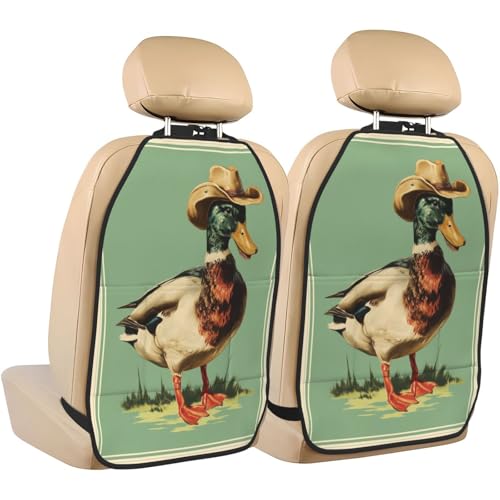 Retro Mallard Duck with Cowboy Hat Car Seat Back Kick Protectors,2 Pack Kick Mats with Storage Pockets for Vehicles to Protect from Dirt Mud Scratches