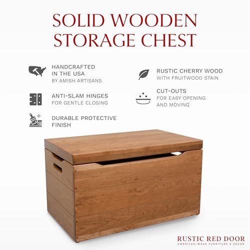 Image of Amish Made Wooden Storage Chest Trunk Box with Lid and Handles for Bedroom, Blanket, Clothes, Anti-Slam Hinges, Handmade, Rustic Cherry Wood, Fruitwood Stain, 42 inch